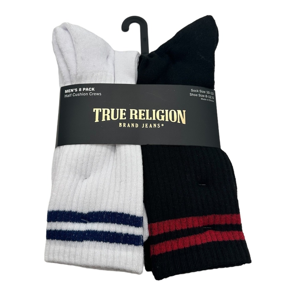 True Religion Mens 8 Pack Half Cushion Crew Socks Shoe Sz 8-12.5 Black White NEW